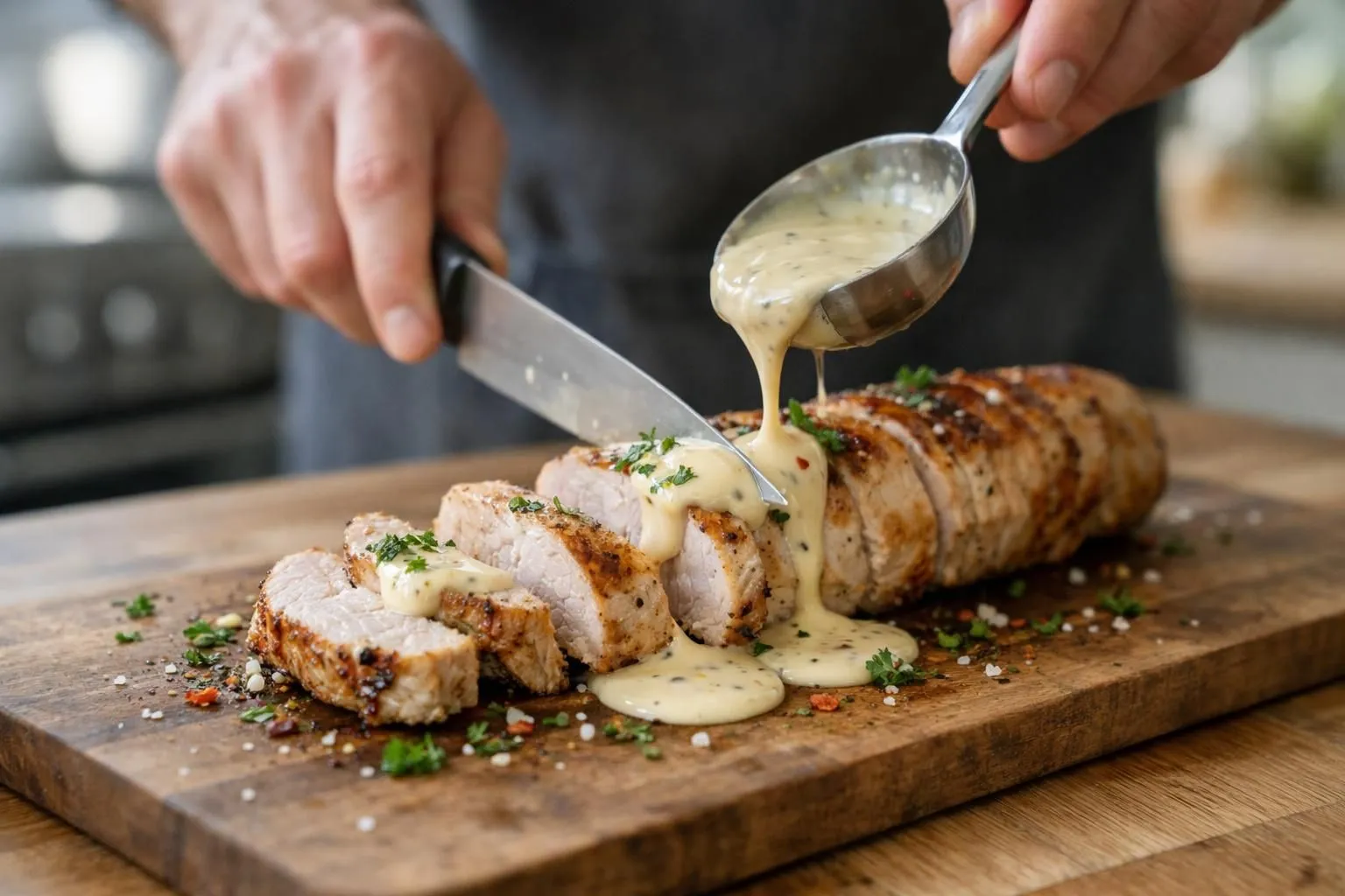 Filet mignon tranché en médaillons rosés sur une planche en bois, nappé d'une sauce onctueuse dorée, avec une louche versant la sauce dans une petite casserole en inox au premier plan, accompagné de persil frais haché et quelques grains de poivre concassé, lumière naturelle douce créant des reflets sur la sauce, cuisine moderne avec plan de travail épuré en arrière-plan légèrement flouté, ambiance chaleureuse de fin de préparation culinaire