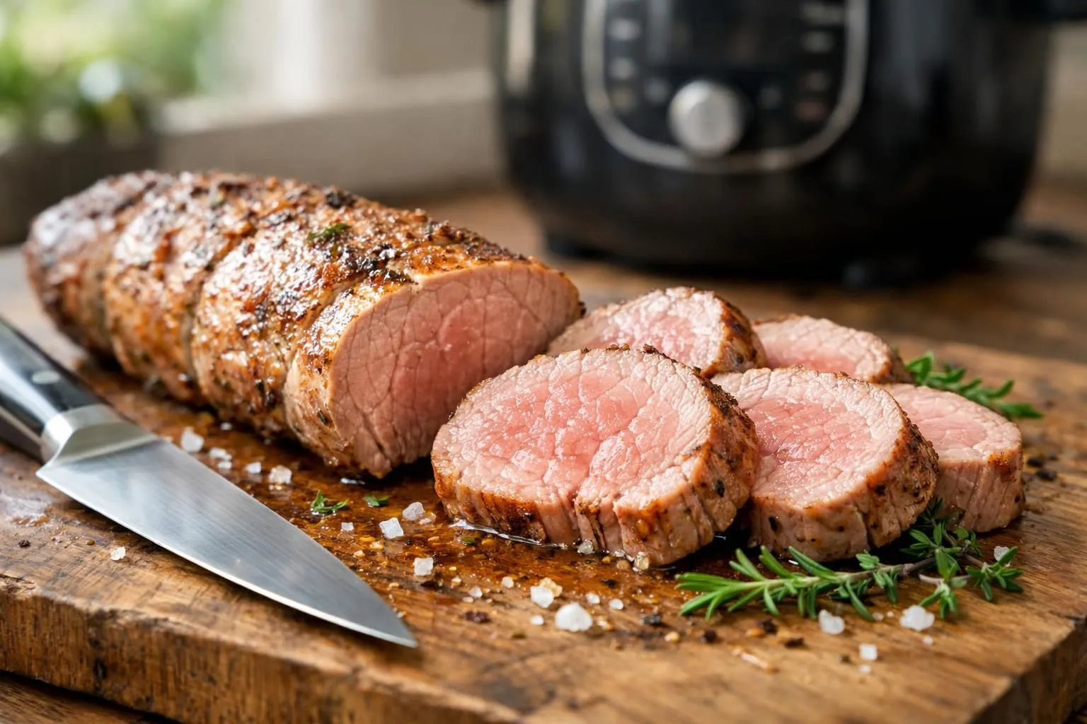 Gros plan détaillé d'un filet mignon de porc tranché révélant l'intérieur parfaitement rosé et juteux, posé sur une planche en bois rustique avec couteau de chef à côté, quelques grains de fleur de sel et brins de thym frais, éclairage naturel latéral créant des reflets sur la viande, arrière-plan flouté montrant un Cookeo moderne, ambiance professionnelle mais accessible, vue légèrement en angle, rendu réaliste et appétissant
