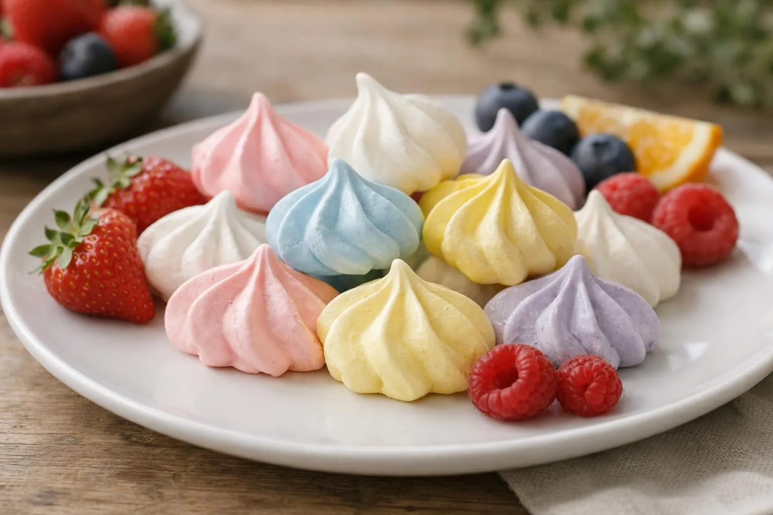 Assortiment coloré de meringues roses, blanches et vertes disposées sur une assiette blanche moderne, accompagnées de fruits frais (framboises, myrtilles), vue de dessus à 45°, lumière naturelle douce créant des ombres légères, arrière-plan en bois clair avec cuillère vintage, ambiance gourmande et conviviale, focus net sur les meringues aux textures croustillantes visibles