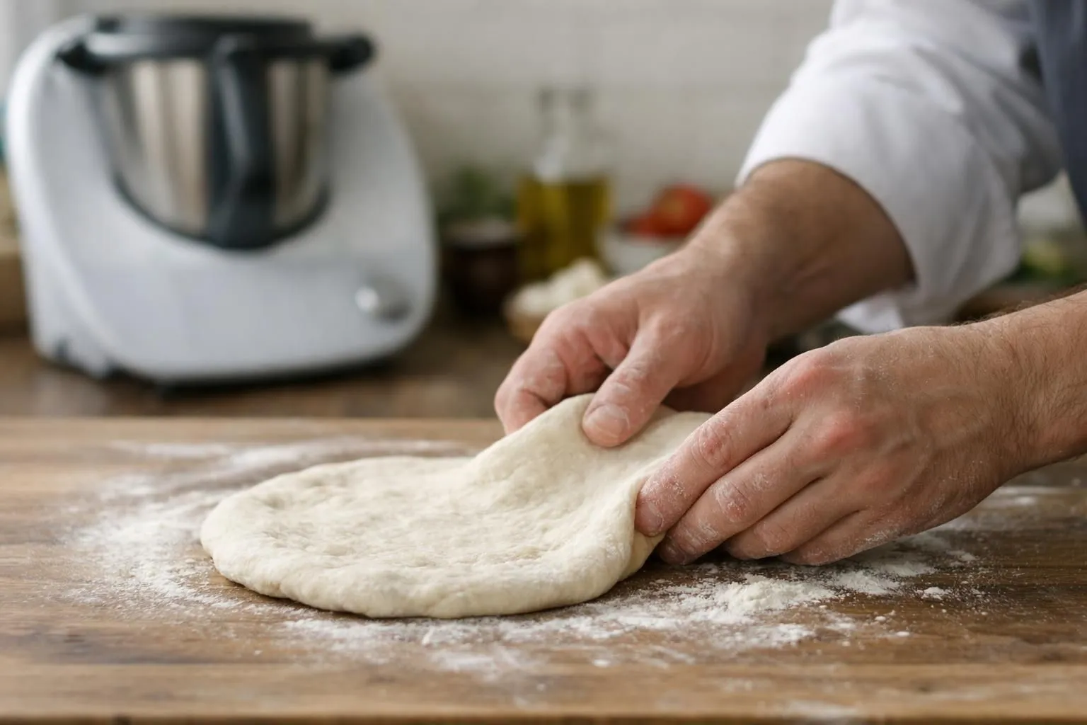 Pâte à pizza artisanale légèrement farinée en train d