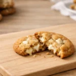 Recette facile cookies chocolat blanc moelleux. Un cookie brisé révèle son cœur fondant sur une planche en bois claire.