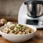 Recette risotto champignons Thermomix facile et réussie : un plat crémeux et savoureux prêt à déguster.