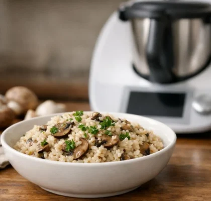 Recette risotto champignons Thermomix facile et réussie : un plat crémeux et savoureux prêt à déguster.