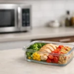 Barquette micro ondable transparente avec un repas sain, prête pour la cuisson et la conservation sécurisée.