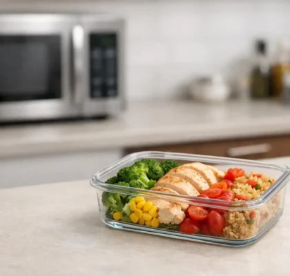 Barquette micro ondable transparente avec un repas sain, prête pour la cuisson et la conservation sécurisée.