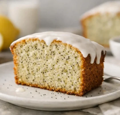 Recette de cake citron pavot facile, rapide et ultra moelleux. Une tranche dorée et parsemée de pavot avec glaçage citron.