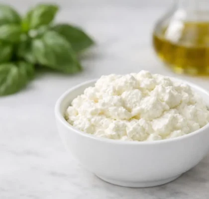 Fromage ricotta frais et onctueux dans un bol blanc, avec des herbes et de l'huile d'olive en arrière-plan flou.
