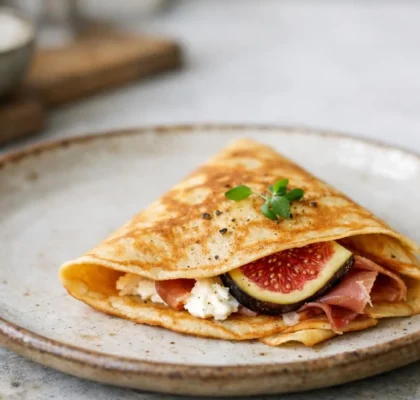 Délicieuse crêpe salée avec garniture originale sur assiette. Découvrez notre idée garniture crêpe salée originale.