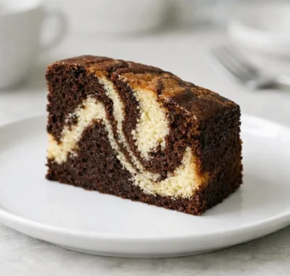 Recette gâteau marbré chocolat vanille ultra moelleux, une tranche parfaite révélant ses délicieux tourbillons.