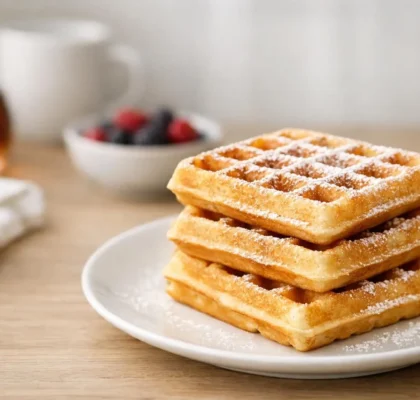 Délicieuses gaufres maison dorées empilées sur une assiette, prêtes pour un petit-déjeuner réussi. Recette facile gaufre.