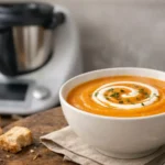 Velouté de potimarron crémeux préparé au Thermomix. Une recette simple et rapide pour toute la famille.