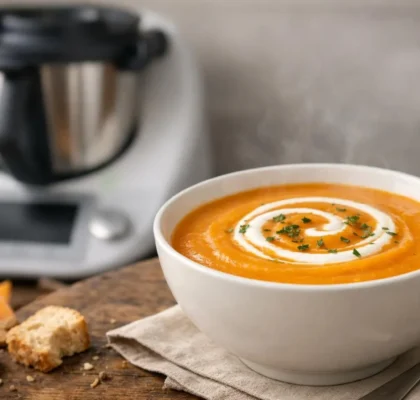 Velouté de potimarron crémeux préparé au Thermomix. Une recette simple et rapide pour toute la famille.
