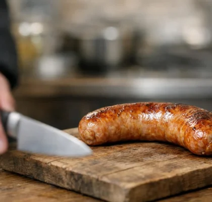 Cuisson parfaite d'une Saucisse de Toulouse dorée sur planche en bois, cuisine professionnelle.
