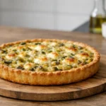 Tarte poireaux chèvre dorée sur une planche en bois. Apprenez la recette tarte poireaux chèvre facile pour un plat maison réu