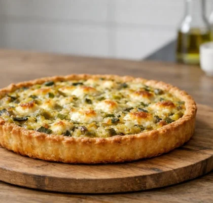 Tarte poireaux chèvre dorée sur une planche en bois. Apprenez la recette tarte poireaux chèvre facile pour un plat maison réu