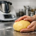 Mains façonnant une brioche dorée devant un Thermomix. Recette brioche facile et rapide Thermomix réussie.
