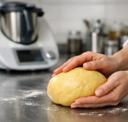 Mains façonnant une brioche dorée devant un Thermomix. Recette brioche facile et rapide Thermomix réussie.
