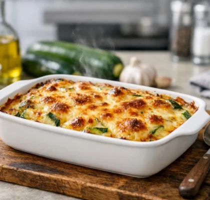 Recette gratin de courgettes facile : un plat doré et crémeux dans son plat, avec une garniture croustillante.