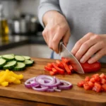 Mains préparant des légumes frais sur une planche; une recette rapide facile pour transformer vos repas.