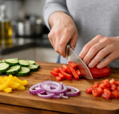 Mains préparant des légumes frais sur une planche; une recette rapide facile pour transformer vos repas.