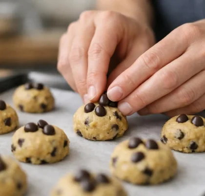 Des mains ajoutent des pépites de chocolat à la pâte pour une recette des cookies facile et parfaite sur une plaque.