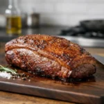 Picanha cuisson au four réussie, parfaitement rôtie sur une planche à découper en bois. Image professionnelle et savoureuse.