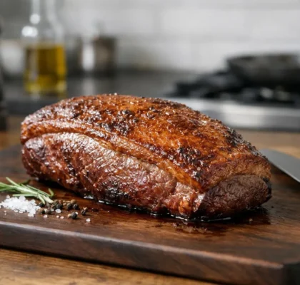 Picanha cuisson au four réussie, parfaitement rôtie sur une planche à découper en bois. Image professionnelle et savoureuse.