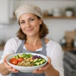 Facile recette: femme souriante présentant un repas sain et rapide dans une cuisine moderne. Transformation des repas du quot