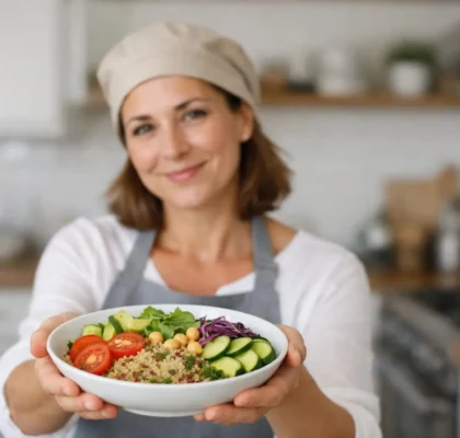 Facile recette: femme souriante présentant un repas sain et rapide dans une cuisine moderne. Transformation des repas du quot