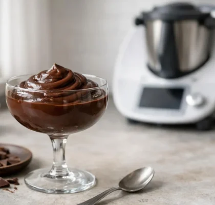 Mousse au chocolat facile Thermomix réussie dans un verre élégant, avec robot de cuisine en arrière-plan flou.