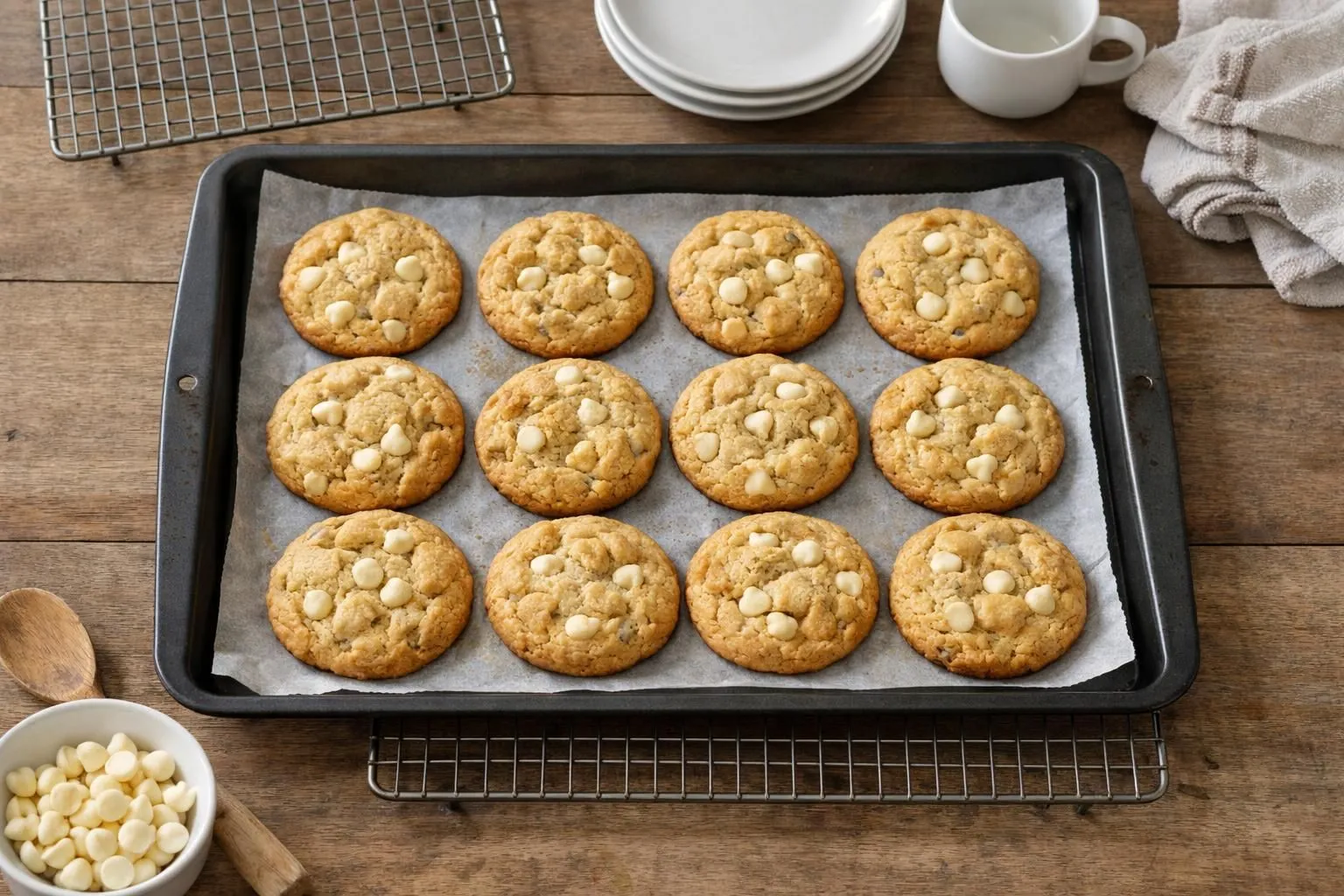 Recette facile cookies chocolat blanc moelleux en 5 étapes simples Cookies au chocolat blanc dorés disposés sur une plaque de cuisson, texture moelleuse visible avec morceaux de chocolat blanc fondus, ambiance cuisine maison chaleureuse, lumière naturelle douce, vue de dessus, vaisselle simple et moderne en arrière-plan, grille de refroidissement en métal, mains en train de saisir un cookie fumant