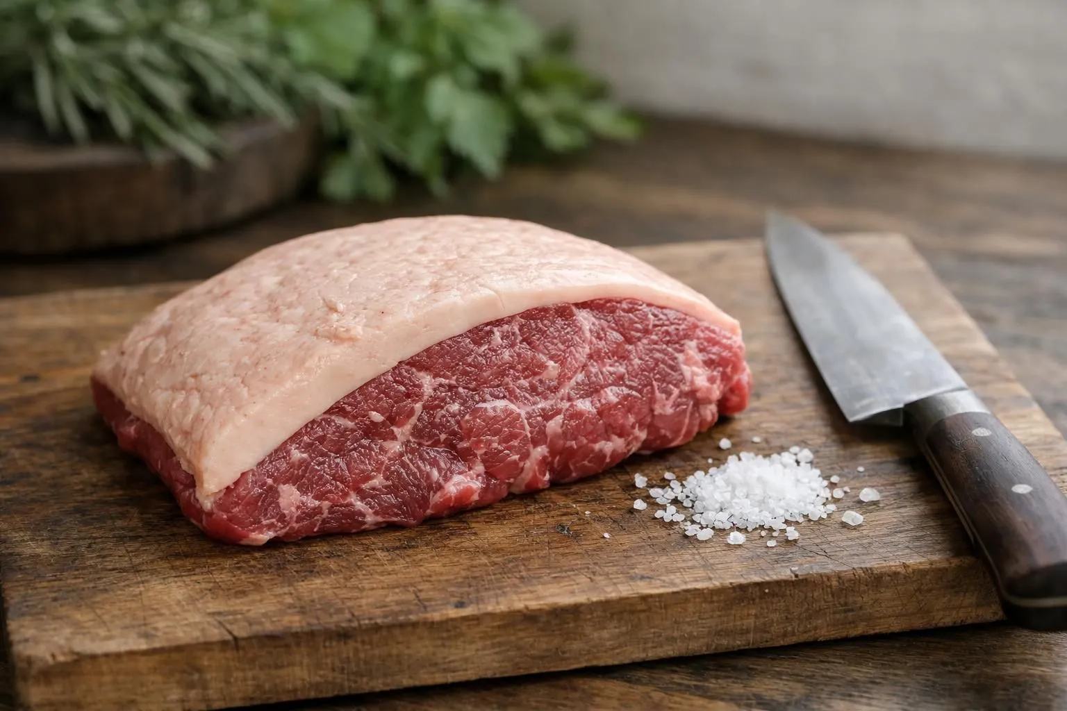 Pièce de picanha crue sur une planche en bois rustique, montrant clairement la couche de graisse blanche caractéristique et le persillage de la viande rouge, avec quelques grains de sel de mer et un couteau de boucher à côté, lumière naturelle douce, angle à 45 degrés, arrière-plan flou avec des herbes fraîches