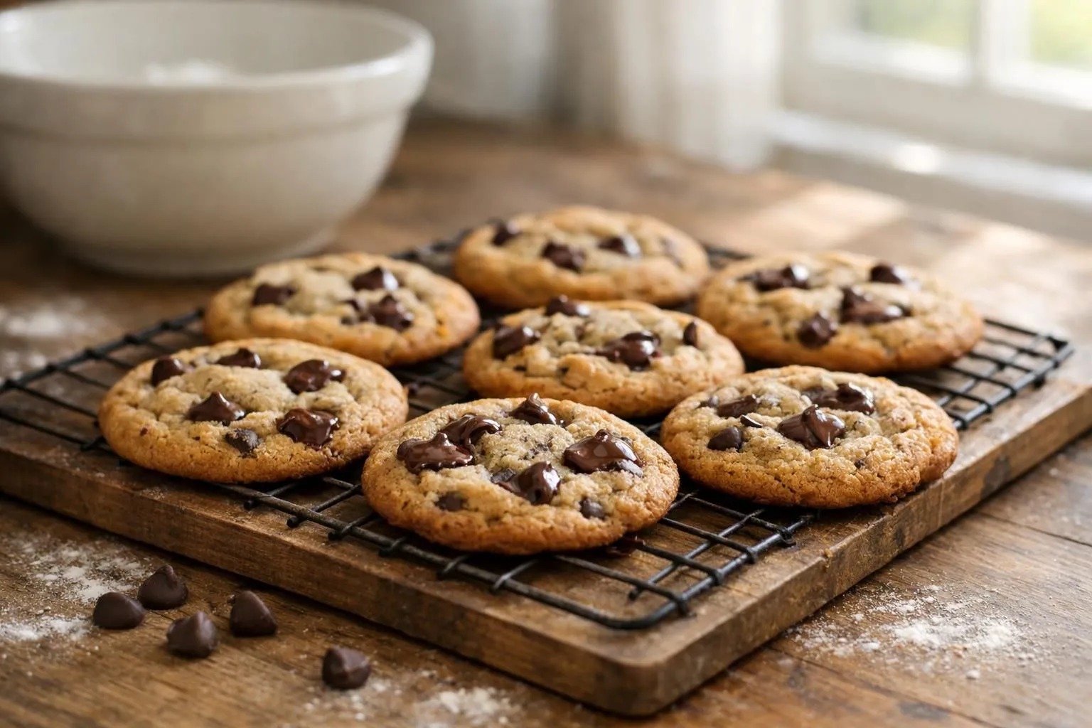 Close-up photograph of freshly baked American cookies on a wooden cooling rack in a bright home kitchen, golden-brown edges with visible melted chocolate chunks, soft chewy center texture, warm natural lighting from window, scattered chocolate chips and flour dusting on rustic wooden countertop, mixing bowl slightly visible in blurred background, cozy homemade baking atmosphere, realistic food photography style at 45-degree angle