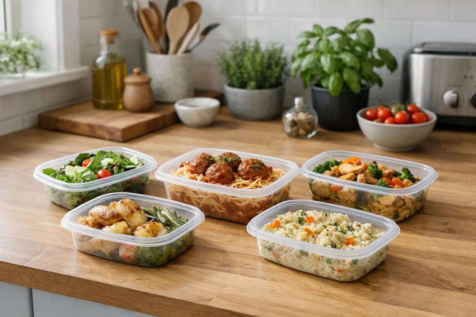 Modern French kitchen counter with transparent microwave-safe meal prep containers filled with colorful home-cooked dishes (vegetables, grains, proteins), natural afternoon light streaming through window, wooden cutting board with fresh herbs visible in background, warm tones of beige and natural wood, realistic food photography style showing organized batch cooking setup, 45-degree angle view with soft focus on background, contemporary residential kitchen atmosphere