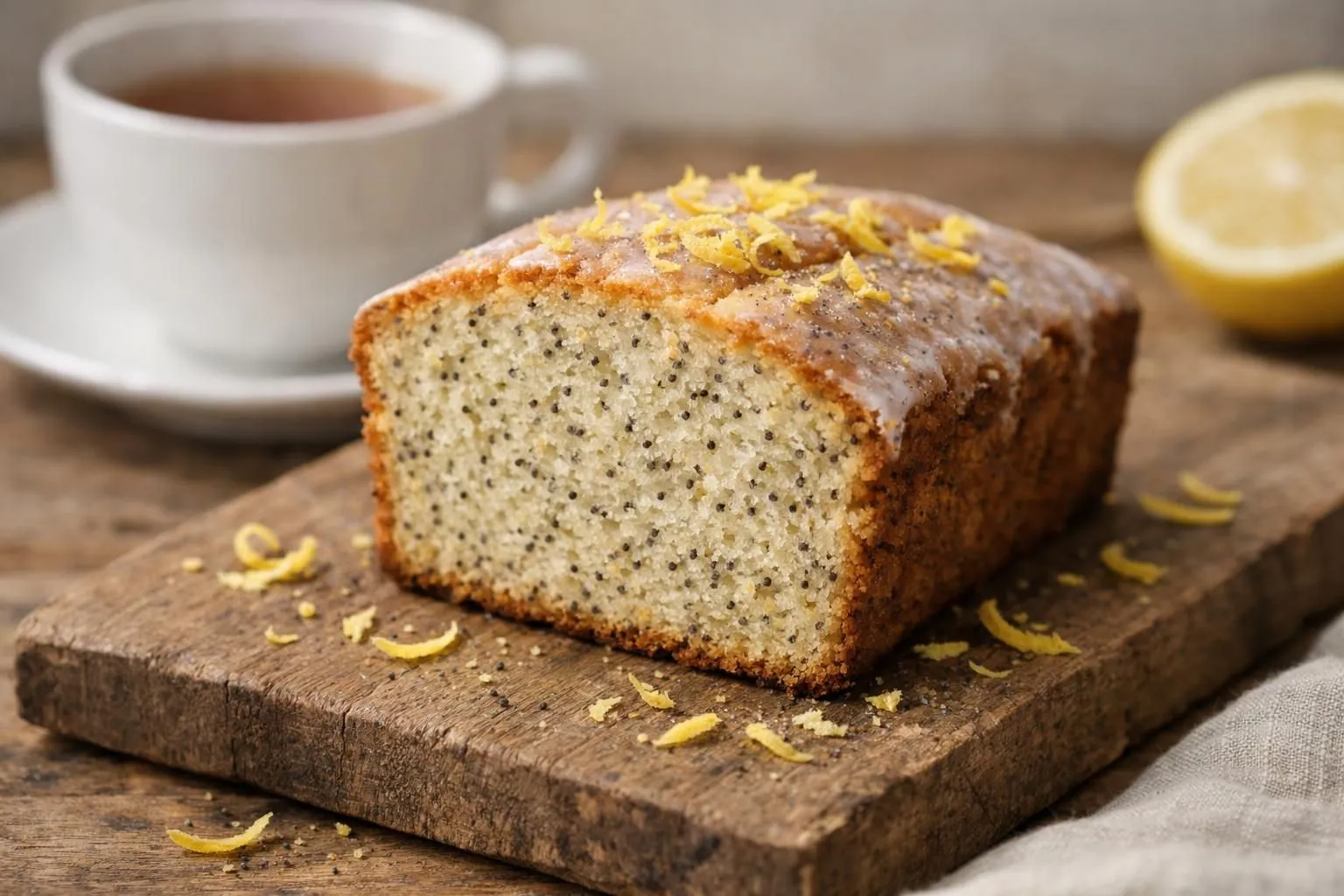 Golden lemon poppy seed cake slice on rustic wooden board, showing ultra-moist crumb texture with visible poppy seeds, fresh lemon zest scattered nearby, soft natural light from window, warm kitchen ambiance, 45-degree angle highlighting the tender interior, ceramic cup of tea slightly blurred in background, inviting homemade atmosphere