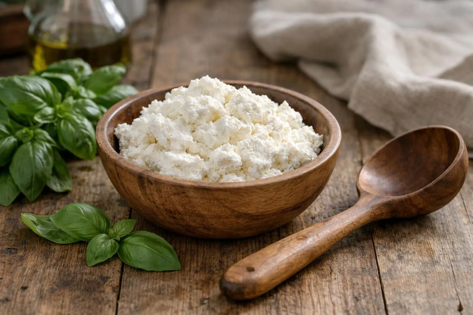 Ricotta fraîche artisanale disposée dans un bol en terre cuite sur une table en bois rustique, entourée de basilic frais et d'une louche en bois, lumière naturelle douce filtrant par une fenêtre, ambiance chaleureuse d'une cuisine italienne traditionnelle, vue en angle à 45 degrés avec mise au point sur la texture granuleuse du fromage, arrière-plan légèrement flouté montrant des herbes et du pain