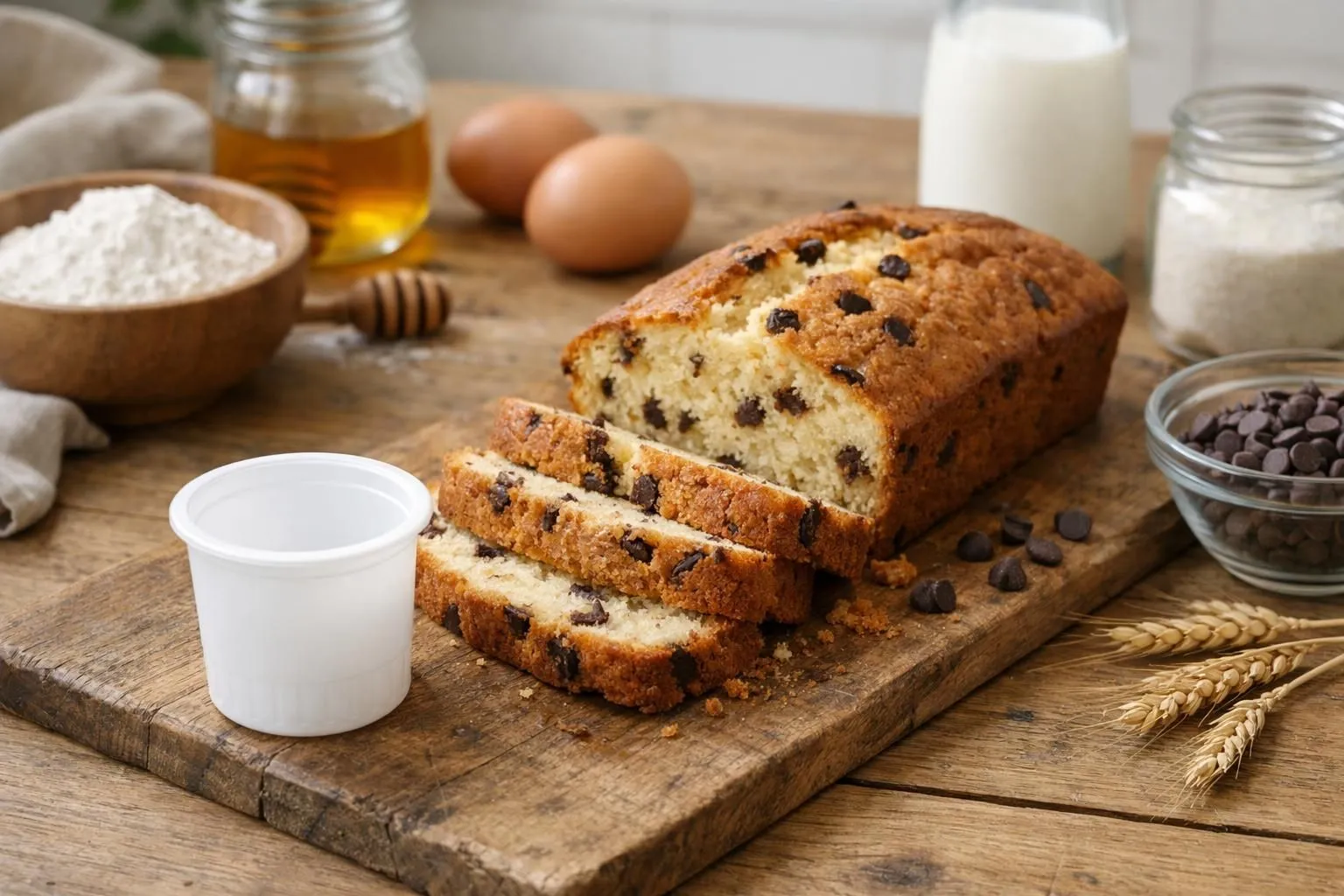 Gâteau yaourt moelleux aux pépites de chocolat tranché sur une planche en bois rustique, avec un pot de yaourt vide utilisé comme mesure visible au premier plan, environnement cuisine lumineuse avec ingrédients naturels (farine, œufs, pépites de chocolat) disposés autour, éclairage naturel doux, angle à 45°, ambiance conviviale et familiale, aucun texte ni inscription