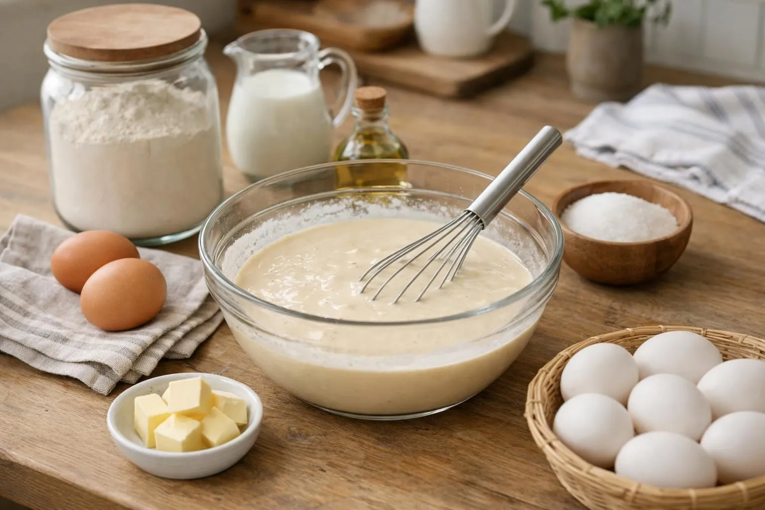 Close-up of smooth crepe batter being whisked in a mixing bowl, flour particles dissolving into milk, warm kitchen counter with eggs and vanilla pod nearby, soft natural lighting, realistic home cooking scene, no text