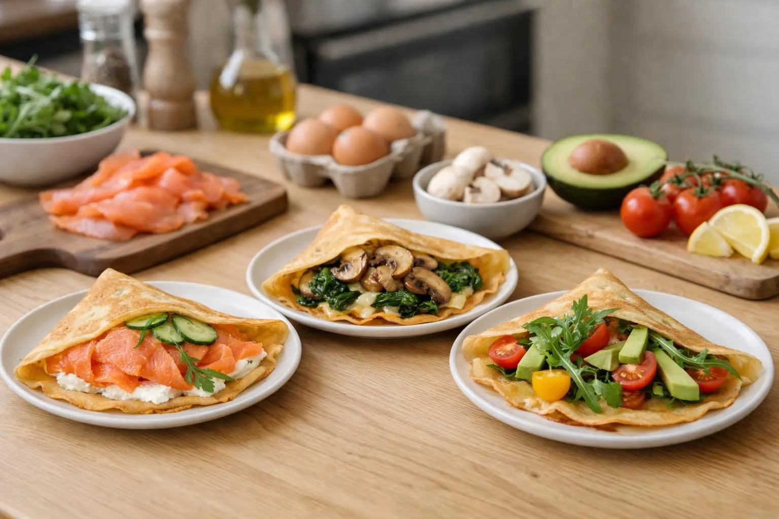 Une assiette moderne présentant trois crêpes salées garnies différemment (une aux légumes colorés, une aux champignons, une au saumon), disposées de manière appétissante sur une table en bois clair. Autour, des ingrédients frais: tomates cerises, herbes aromatiques, poivrons, fromage râpé, champignons émincés. Lumière naturelle douce venant de la gauche, vue en angle à 45°, arrière-plan légèrement flouté montrant une cuisine moderne et chaleureuse. Ambiance conviviale de repas en famille, couleurs naturelles dominantes (vert, rouge, beige, brun).