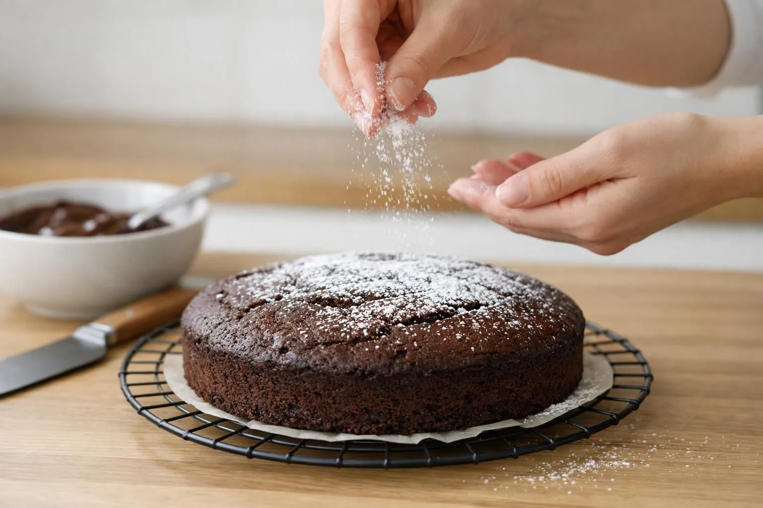 Gâteau au chocolat moelleux fraîchement démoulé sur un plan de travail de cuisine moderne, texture parfaite visible en coupe, mains de cuisinière amateur en train de le saupoudrer délicatement de sucre glace, lumière naturelle douce venant d'une fenêtre, spatule etbol de chocolat fondu en arrière-plan légèrement flou, ambiance chaleureuse et rassurante, tons bois et blanc cassé