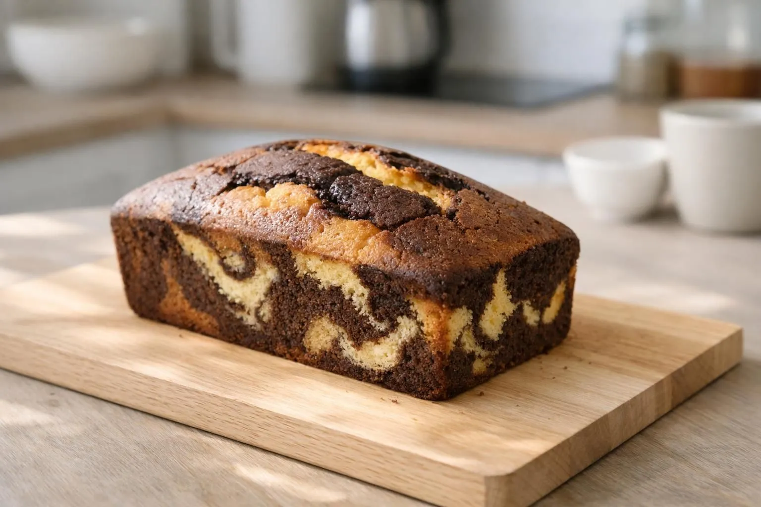 Gâteau marbré chocolat-vanille fraîchement démoulé sur une planche en bois clair, tranché pour révéler les volutes marbrées intérieures moelleuses, quelques copeaux de chocolat noir et une gousse de vanille disposés à côté, lumière naturelle rasante créant des ombres douces, cuisine moderne en arrière-plan légèrement floutée, ambiance conviviale de goûter maison, cadrage à 45 degrés mettant en valeur la texture aérienne de la mie