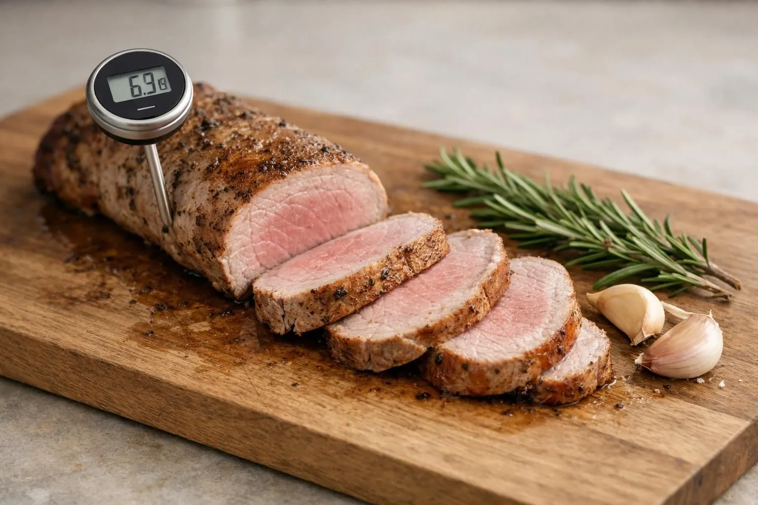 Close-up of a perfectly cooked pork tenderloin being sliced on a wooden cutting board, revealing a rosy-pink center, with a meat thermometer showing 63°C, fresh rosemary sprigs and garlic cloves nearby, warm natural kitchen lighting, realistic culinary photography