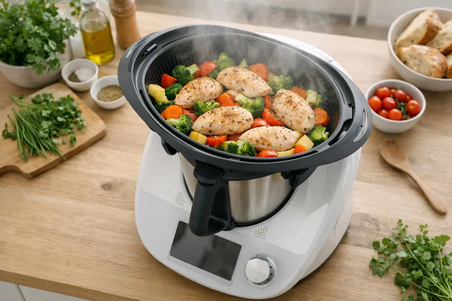 Vue à 45 degrés d'un Thermomix moderne dans une cuisine lumineuse avec lumière naturelle, panier Varoma rempli de morceaux de poulet doré et de légumes colorés (carottes, courgettes, brocoli) au-dessus, riz basmati cuit visible dans la cuve en bas, vapeur légère s'échappant du couvercle, plan de travail en bois clair avec quelques herbes fraîches, ambiance conviviale et familiale, rendu réaliste et appétissant, arrière-plan flouté montrant des ingrédients frais