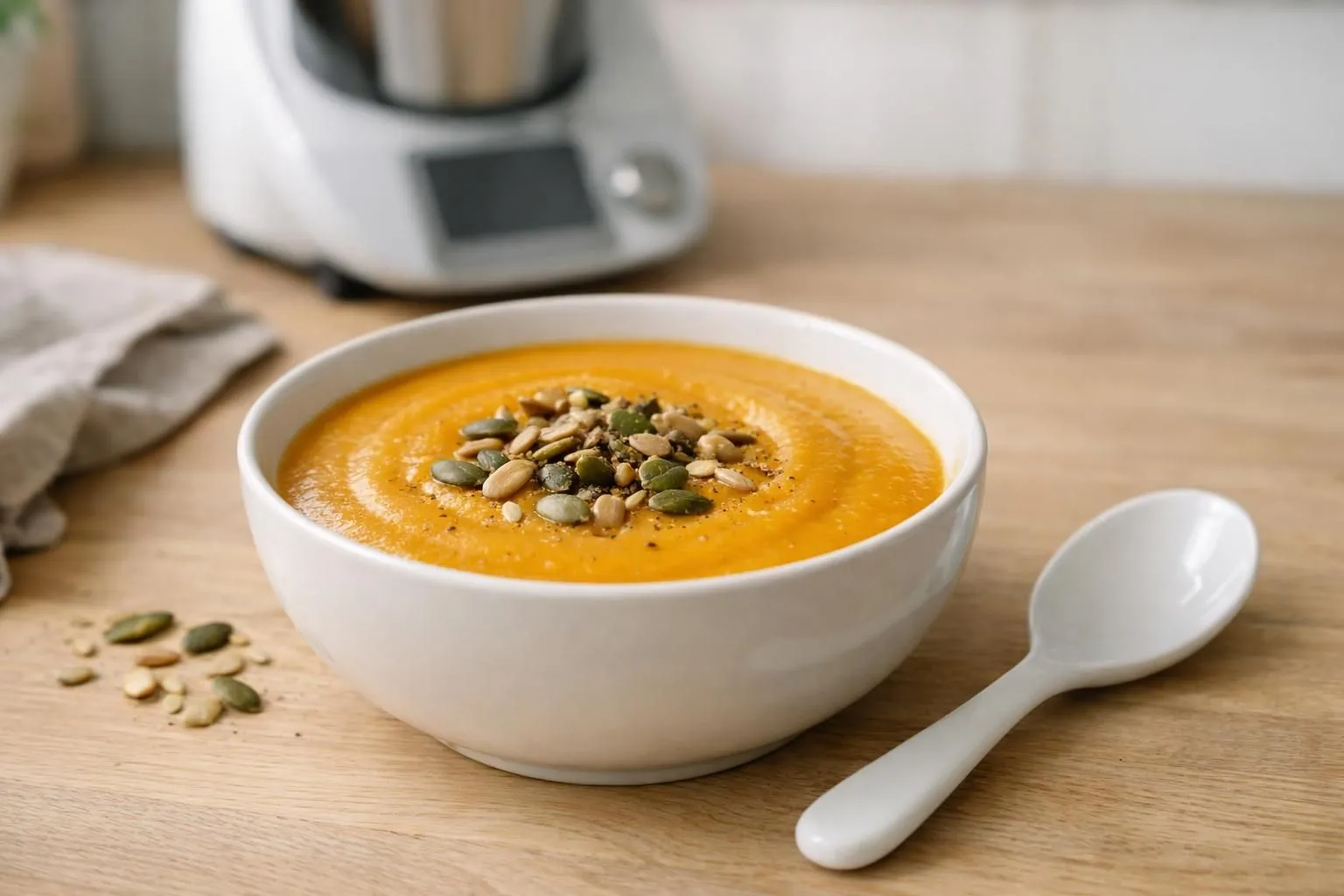 Bol fumant de velouté orange doré de potimarron sur une table en bois clair, accompagné d'un Thermomix en arrière-plan légèrement flouté, graines de courge grillées parsemées sur le velouté, cuillère en céramique posée à côté, lumière naturelle douce d'automne, ambiance cuisine conviviale et chaleureuse, vue à 45 degrés, mise au point sur la texture veloutée du potage