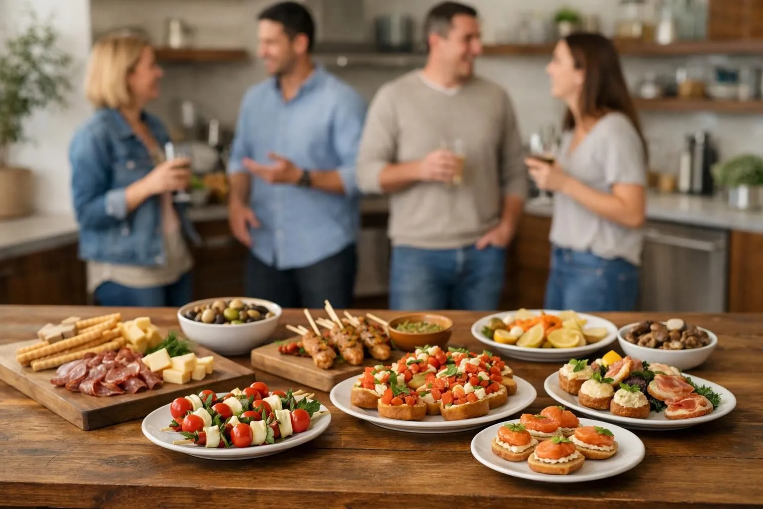Table conviviale avec assortiment d'apéritifs dinatoires simples (sablés au parmesan, verrines colorées, mini-pizzas) disposés sur des planches en bois et assiettes blanches modernes, mains d'invités se servant, lumière naturelle chaude, cuisine ouverte en arrière-plan légèrement floutée, ambiance décontractée entre amis, vue en angle 45 degrés, focus sur la variété appétissante des bouchées