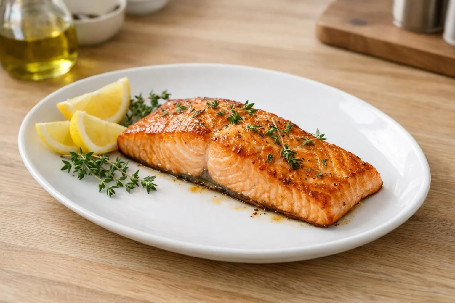 Un filet de saumon rose doré sortant du four, posé dans un plat en céramique blanc avec des rondelles de citron et du thym frais, sur un plan de travail en bois clair. Lumière naturelle douce venant d'une fenêtre, ambiance cuisine moderne et chaleureuse, vue en angle à 45 degrés montrant la texture fondante du poisson. Aucune main visible, mise au point nette sur le saumon brillant, arrière-plan avec des ingrédients flous (huile d'olive, sel, poivre). Tons beige, blanc cassé, rose saumon, vert des herbes.