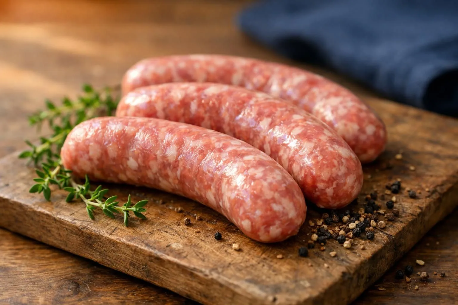 Close-up of raw Toulouse sausages on rustic wooden cutting board, coarse meat texture visible through natural casing, surrounded by fresh thyme sprigs and cracked black pepper, warm natural kitchen lighting from side, shallow depth of field focusing on sausage texture