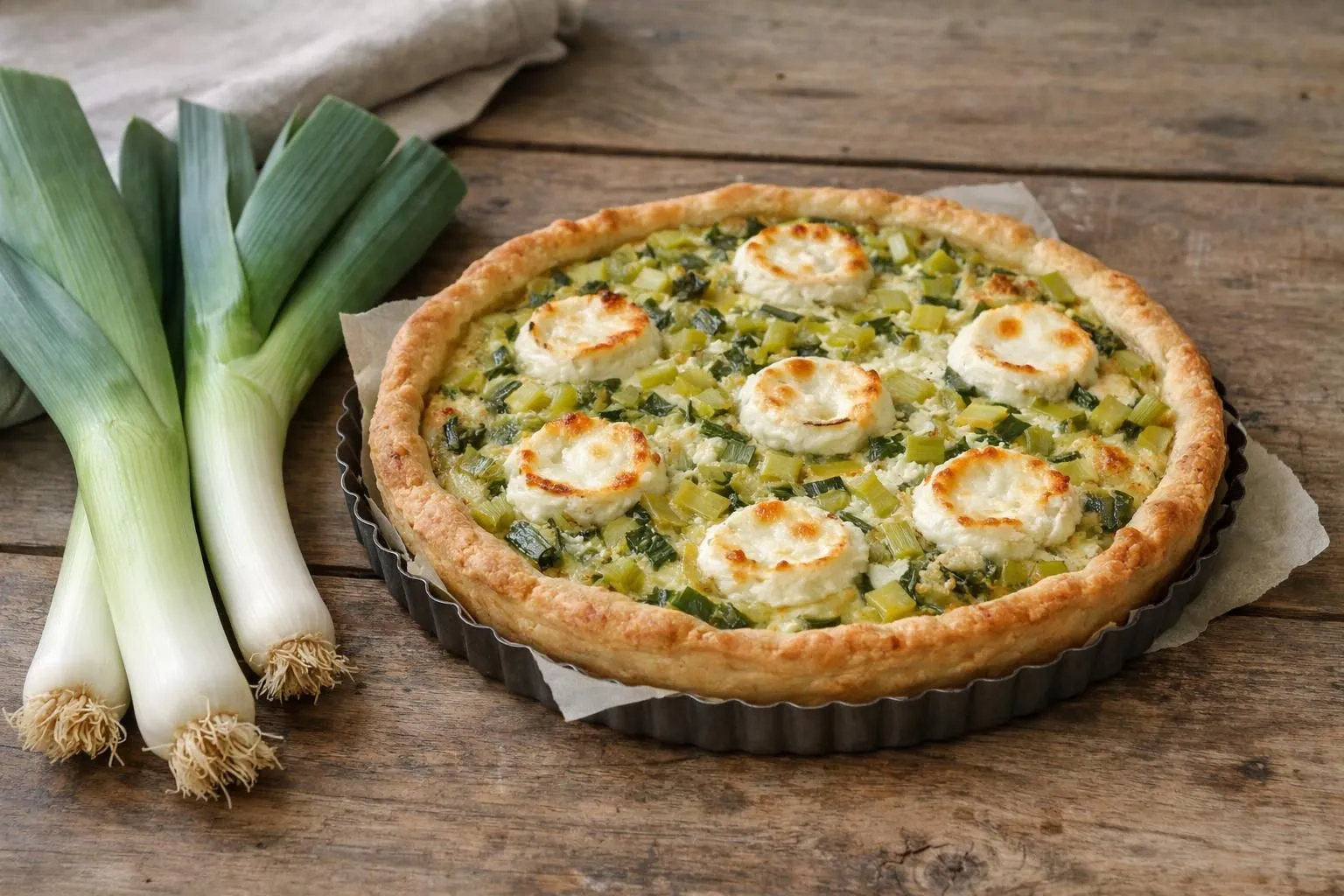 Une tarte dorée aux poireaux et chèvre fraîchement sortie du four, posée sur une table en bois rustique avec des poireaux frais à côté, deux assiettes blanches et des couverts élégants. Lumière naturelle douce venant d'une fenêtre, angle à 45 degrés montrant la texture feuilletée de la pâte et le fondant des poireaux. Ambiance conviviale de cuisine familiale moderne, tons chauds beiges et verts, arrière-plan légèrement flouté. Aucun texte visible.