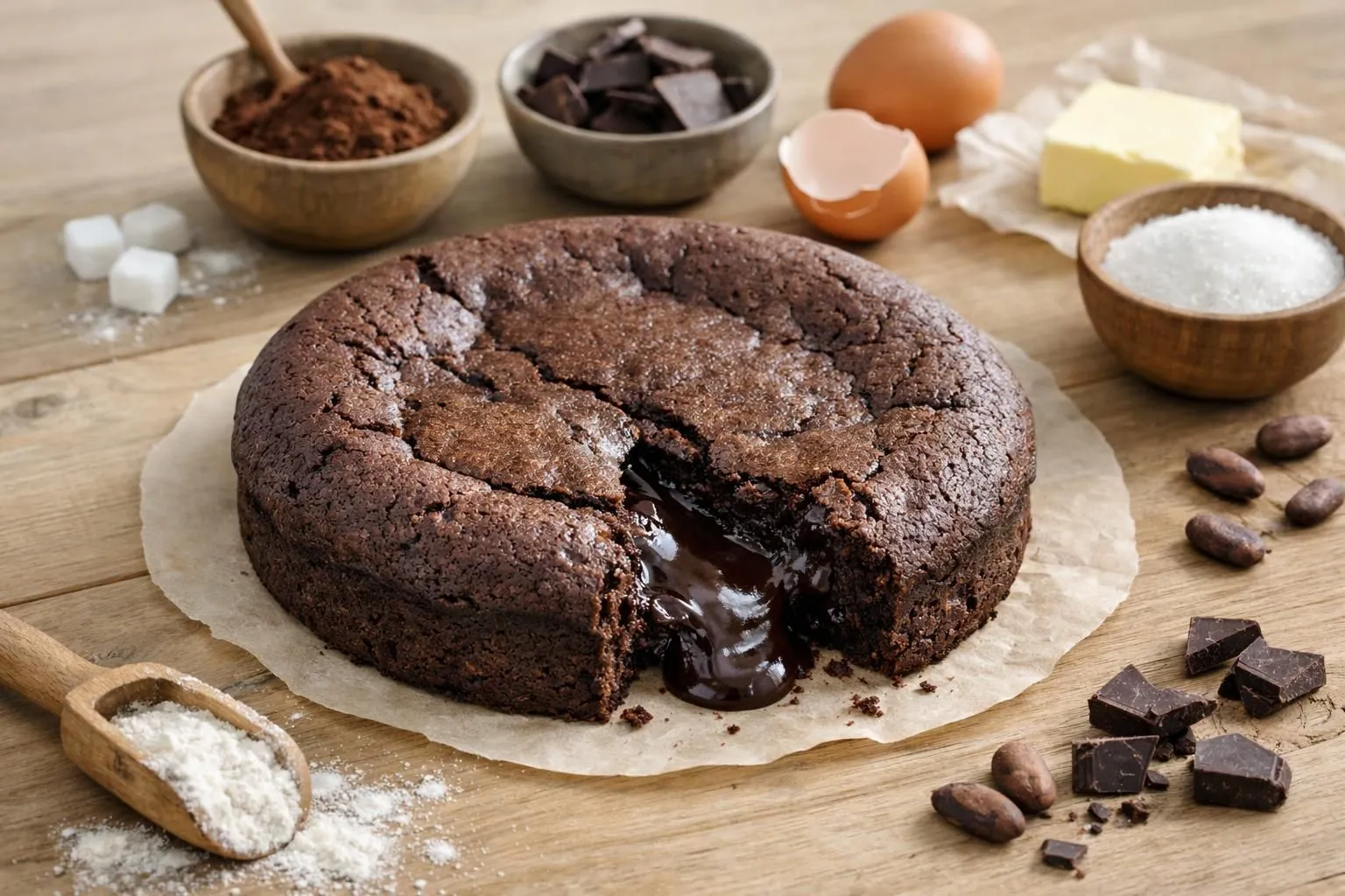 Gâteau au chocolat moelleux coupé en parts révélant un cœur fondant, posé sur un plat en porcelaine blanche sur une table en bois clair. Autour, des ingrédients bruts disposés naturellement: tablette de chocolat noir cassée, œufs, bol de farine, petit pot de beurre. Lumière naturelle douce venant d'une fenêtre sur la gauche, créant des ombres légères. Angle de vue à 45°, mise au point nette sur la texture humide du gâteau, arrière-plan flouté montrant une cuisine moderne épurée. Ambiance chaleureuse et rassurante, tons beiges, marron chocolat et blanc cassé. Main féminine floue tenant une fourchette prête à piquer une part.