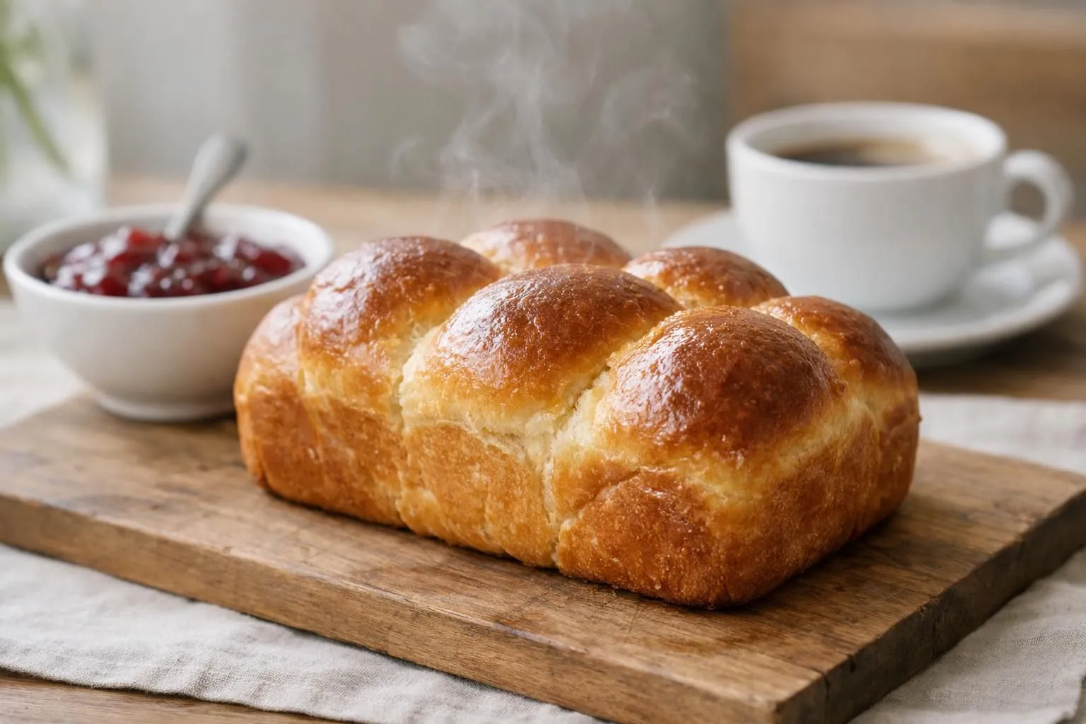 Brioche dorée et moelleuse posée sur une planche en bois dans une cuisine lumineuse, mie aérienne visible à travers une tranche coupée, vapeur légère s'échappant, bol de confiture et tasse de café en arrière-plan flouté, lumière naturelle matinale douce, ambiance chaleureuse de petit-déjeuner familial